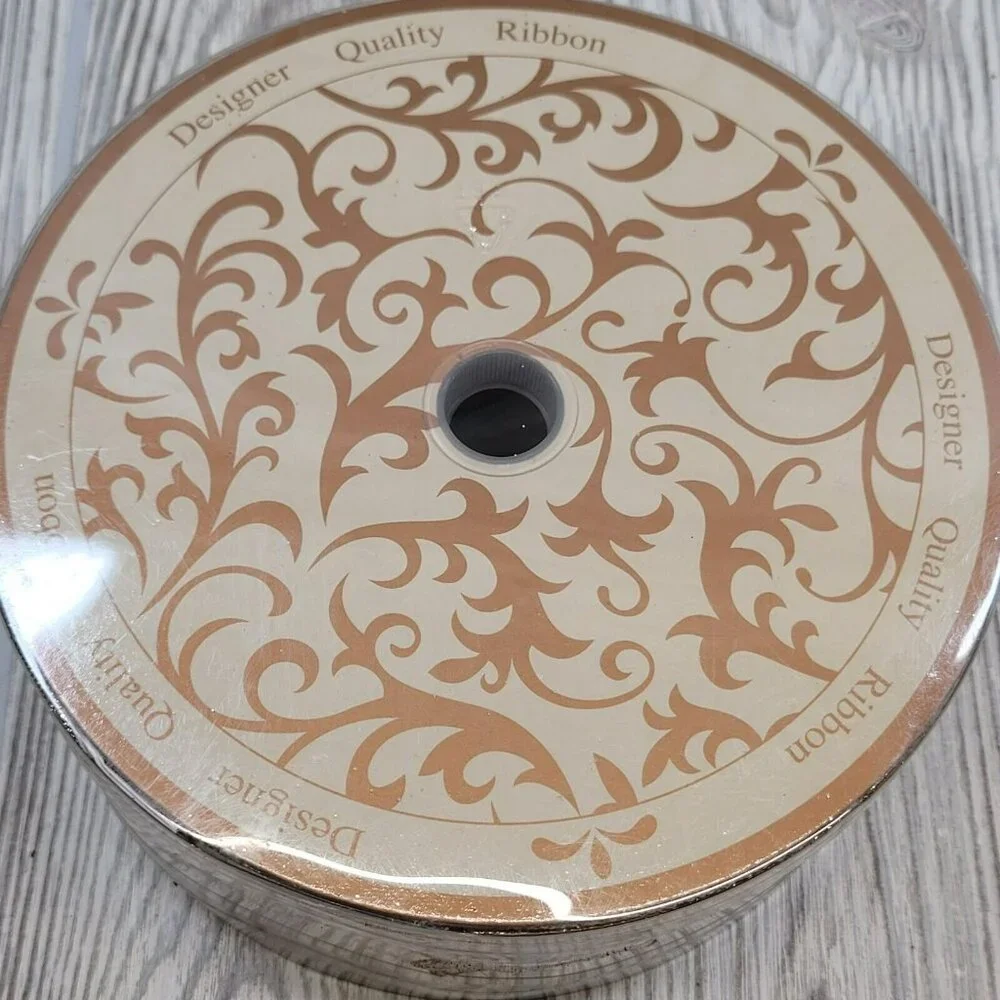 SWC‎ Wired Ribbon 50 Yards Cream Gold Glitter Floral Scroll 2.5 Inch Designer
